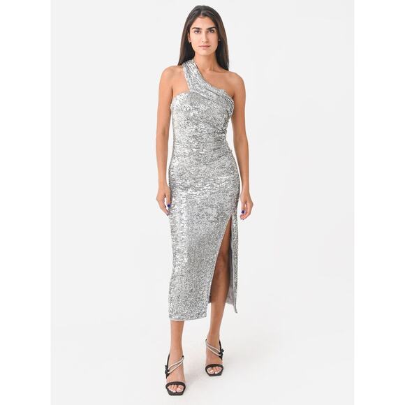 NWT Jonathan Simkhai Zay Silver Hammered Sequin Asymmetrical Midi Dress Size 10 - Picture 1 of 7